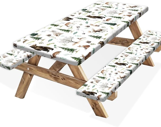 Picnic Table Cover with Bench Covers, Camping Essentials, Funny Rustic Woodland Animals Dear Beer Fox Table Cover Waterproof Fitted Tablecloth Cover with Elastic Edge for Outdoor 3 PCS 30x60 Inch