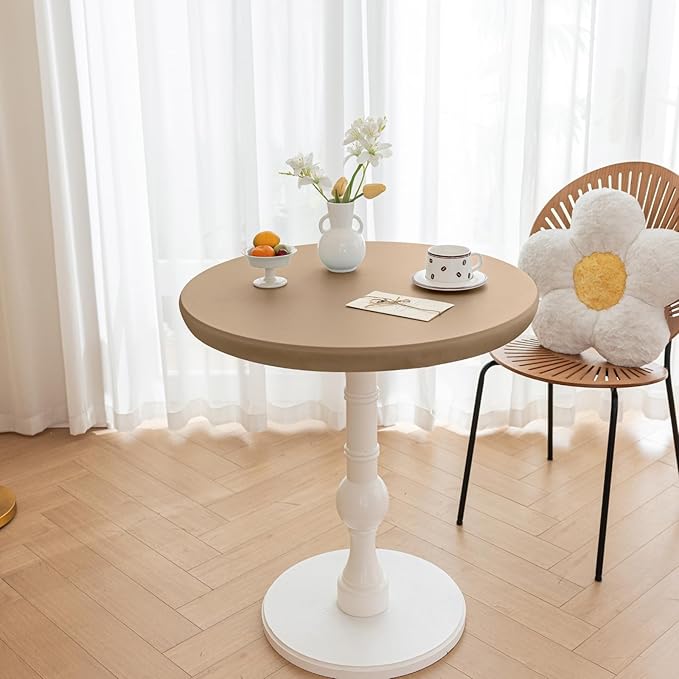 Round Fitted PU Tablecloth with High Elastic Edge 43 Inch Dia Waterproof Oil Proof Table Cloth Anti-scald Stain-Resistant Wipeable Table Cover for Indoor Outdoor Picnic (Cream Coffee,43"Dia)