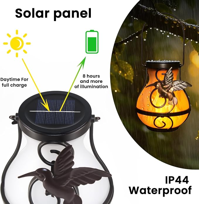 2 Pack Solar Lanterns for Outside Hanging,Solar Garden Lights Outdoor Waterproof with Flickering Flame,Led Lantern for Patio Yard Camping Halloween Decorations,Gardening Gifts for Mom