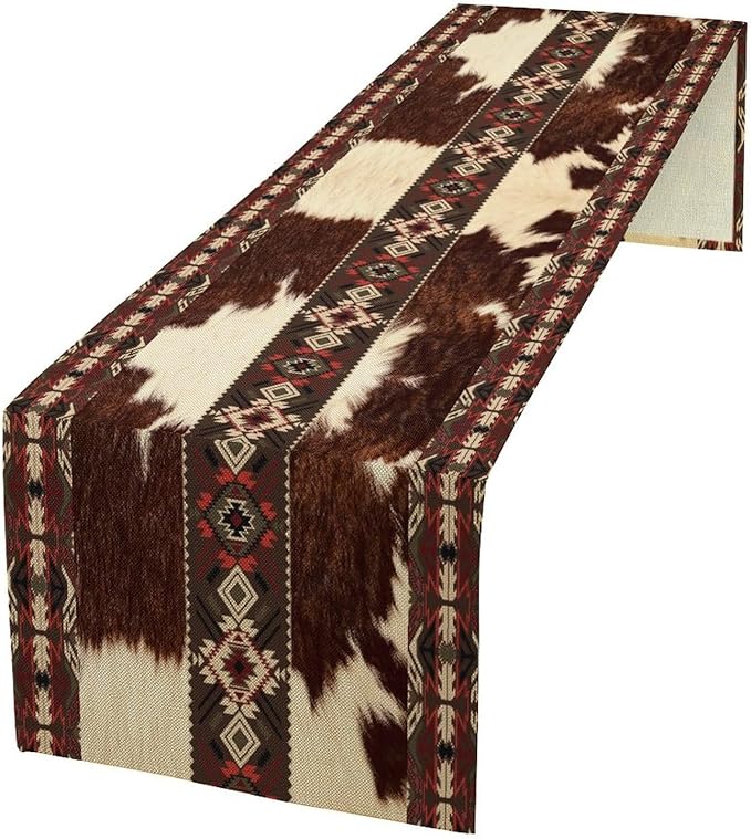 Cowhide Table Runner, Brown Cow Western Exotic Aztec Wild Animals Skin Table Runner for Kitchen Farmhouse Dining Home Outdoor Party 13x36in