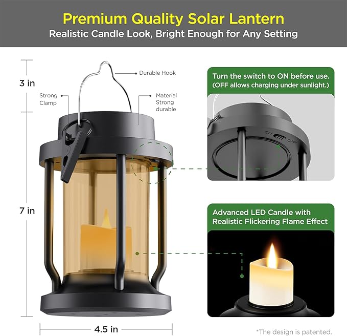 Solar Lantern Outdoor & Indoor Use – Hanging Solar Lights with Realistic Flickering Flameless Candle, Weatherproof for Gardens, Patios, Trees, and Lawns (Black + Amber, 2 Pack)