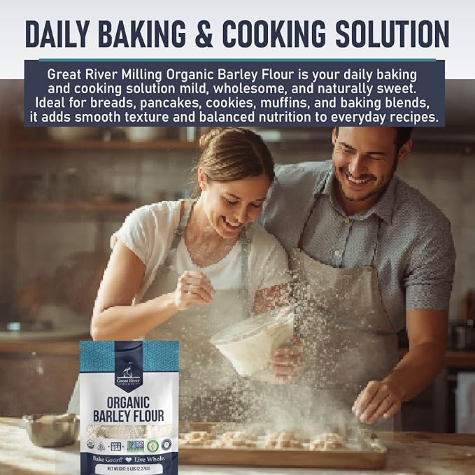 Great River Milling Organic Barley Flour, Unbleached, Unbromated, Non-GMO, Kosher, High Fiber, Nutty Flavor Perfect for Breads, Pancakes, & More, 5 Lb