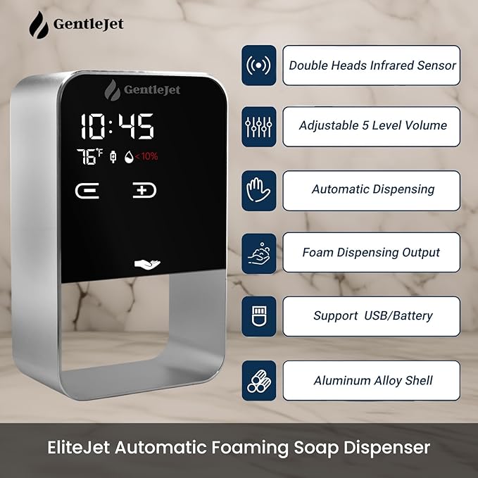 GentleJet EliteJet Automatic Foaming Soap Dispenser – Touchless Sensor, LED Display, 5 Foam Levels, Wall Mount or Countertop, Rechargable USB-C or Battery Powered, Aluminum Alloy, 480 ml Refillable