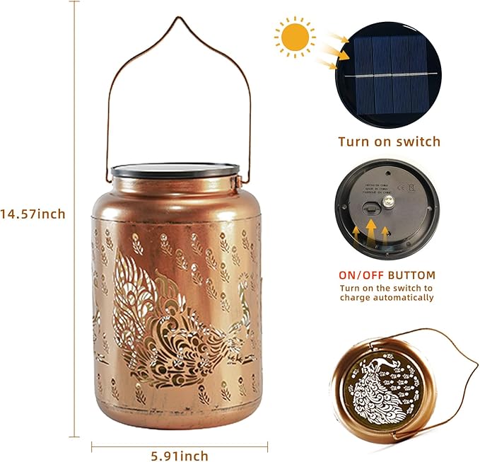 Mothers Day Gifts Peacock Solar Lanterns Outdoor Waterproof, 14.6'' Large Solar Lamps, Upgraded 2000mAH Battery, Metal Birthday Gifts for Women Mom Grandma, Garden Yard Patio Decor