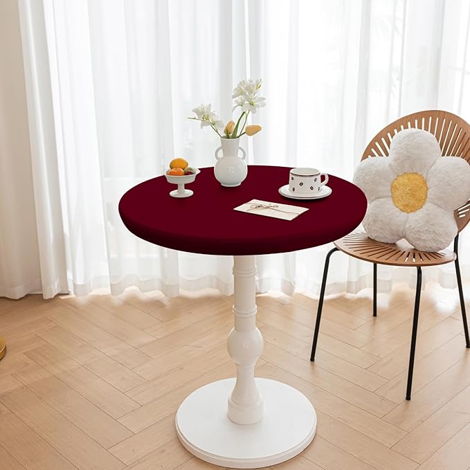 Round Fitted PU Tablecloth with High Elastic Edge 59 Inch Dia Waterproof Oil Proof Table Cloth Anti-Scald Stain-Resistant Wipeable Table Cover for Indoor Outdoor Picnic (Red,59" Dia)