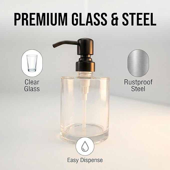 Bathroom Soap Dispenser Glass with Black Pump, 11 OZ Clear Cylinder Bottle with Stainless Steel Pump Refillable Liquid Hand Soap Dispenser for Kitchen Countertop