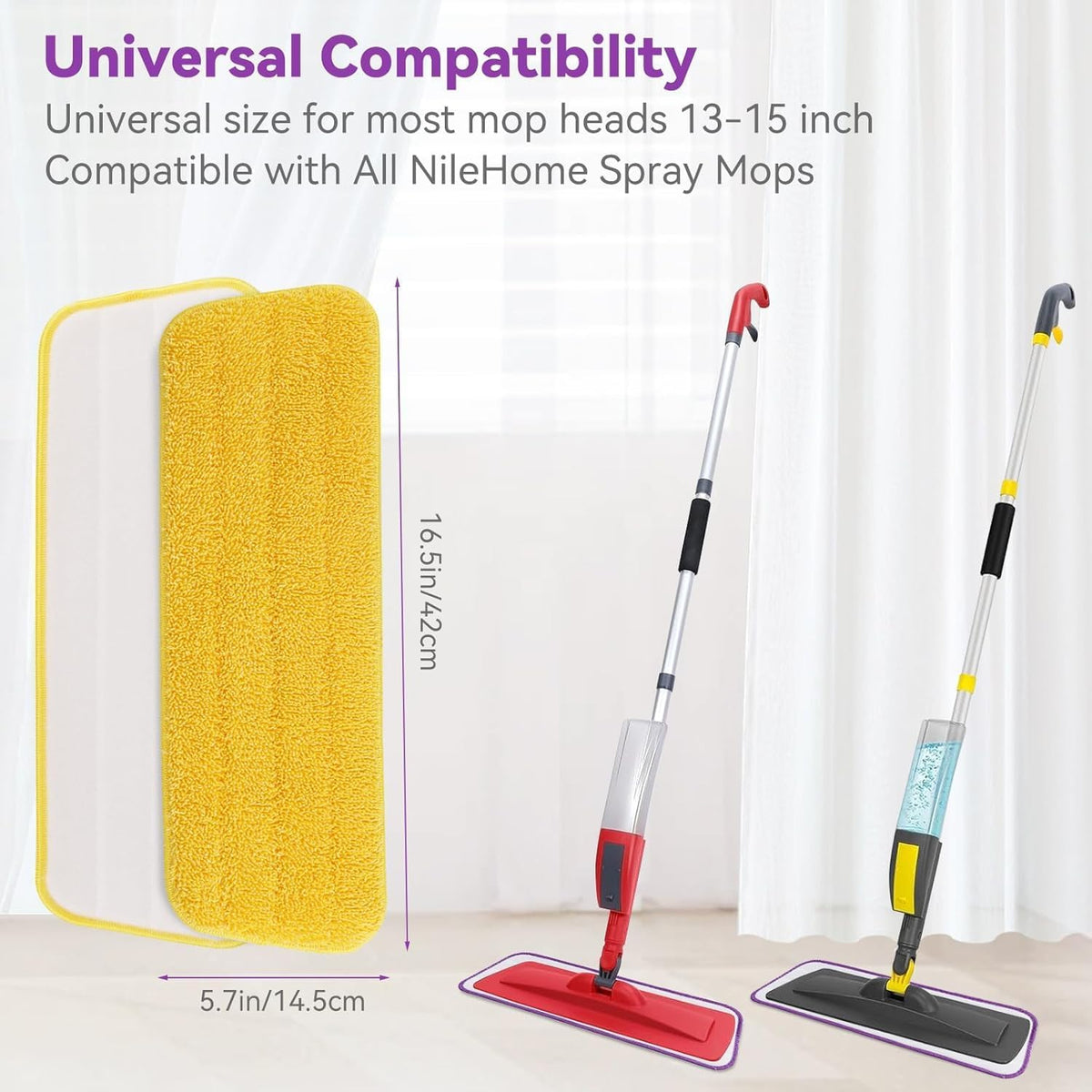 16.5 inch Microfiber Mop Pads for Rubbermaid Reveal Spray Mop and Any 16.5" Flat Mop - 6 Pack 13''-15'' Spray Mop Pad Reusable Washable Replacement Refills - Purple & Yellow