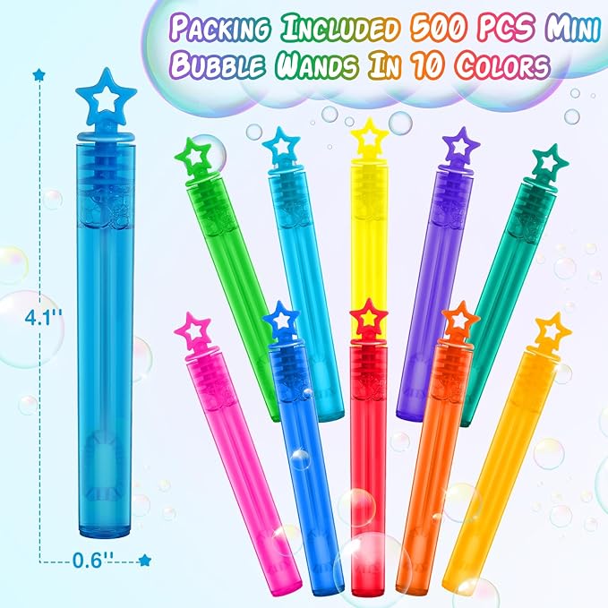 500 Pcs Mini Bubble Wands in 10 Colors, Bulk Party Favors for Kids, Themed Birthday, Christmas, New Year, Valentine, Carnival, School Classroom Prizes for Boys & Girls, Ideal Goodies Bags Stuffers