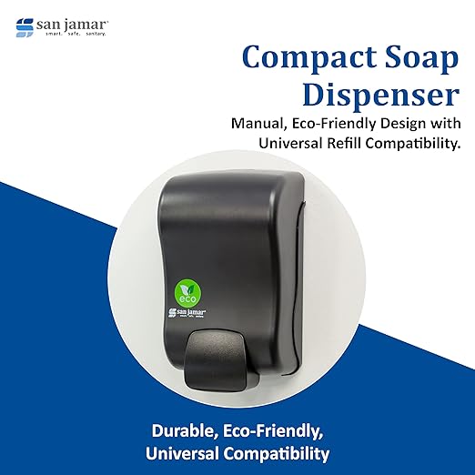 San Jamar Rely Manual Soap Dispenser, Hand Sanitizer Dispenser with Universal Compatibility for Home, Bathroom, Kitchen, Restrooms, Restaurants, Plastic, 900 Ml, Black Pearl