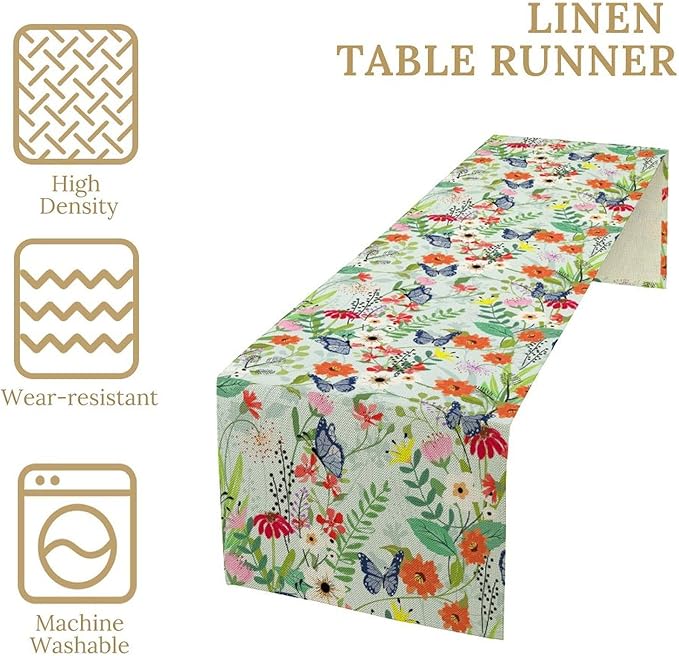 Butterfly Table Runner, Colorful Wildflower Butterfly Spring Table Runner for Holiday Kitchen Dining Home Party Outdoor 13x120in
