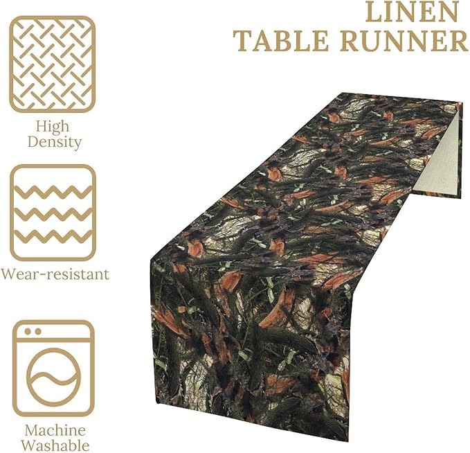 Camouflage Forest Trees Table Runner, Rustic Camouflage Hunting Camp Mossy and Oak Table Runner for Kitchen Dining Banquet Party 13x60in