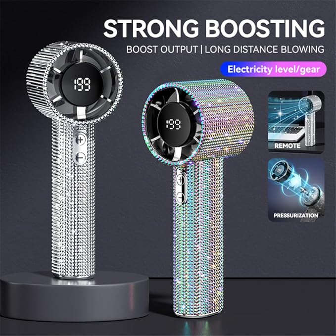 Shining Crystal Glitter Design Portable Handheld Fan Bling Mini Personal Hand Held Fan,Digital Display,Rechargeable Mini Fans for Outdoor Indoor (Multi Color)