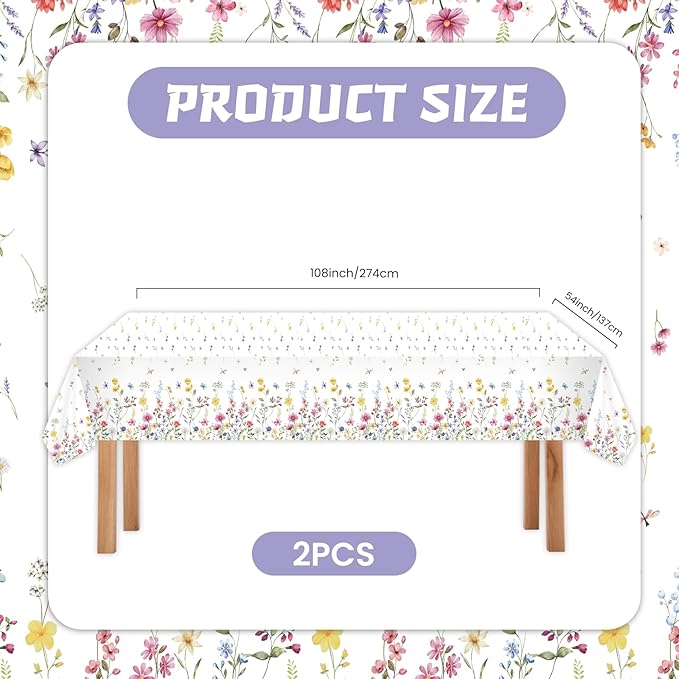 2-Pack Wildflower Plastic Tablecloth Disposable Rectangle - Floral Butterfly Garden Party Table Cover with Spring Flowers, 54x108 Inch for Fairy Birthday Party Decorations