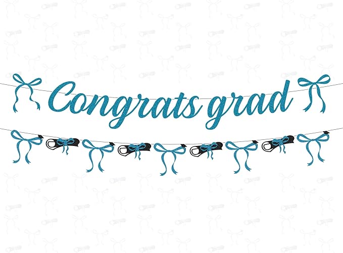 Blue Graduation Decorations 2026-2PCS Blue Bow Congrats Grad Banners Party Decor, Bowknot Graduation Party Supplies for Primary Middle High School University College (No-DIY)