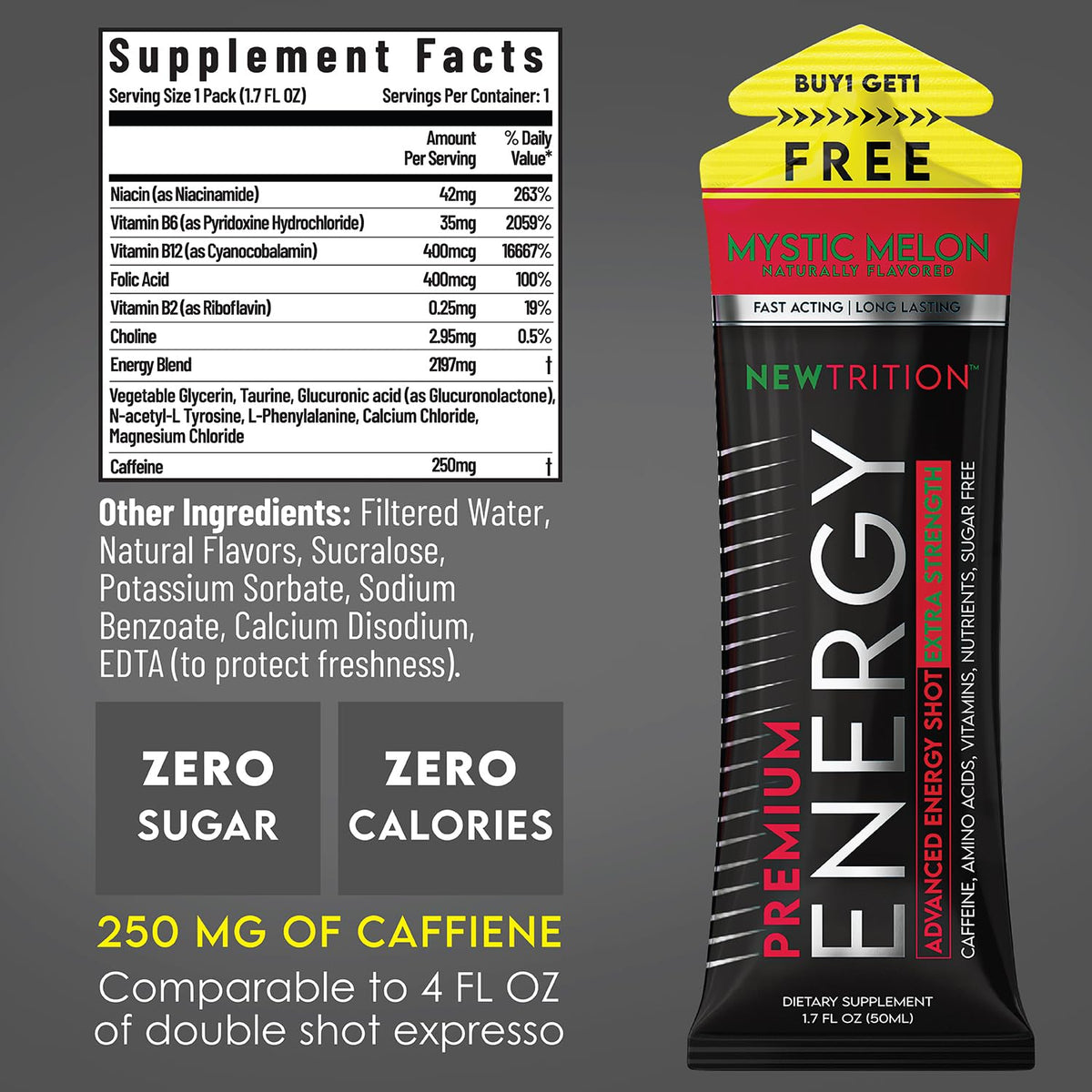 NewTrition® Extra Strength Energy Shots, 250mg Caffeine Energy Shots with Vitamin B & Amino Acids, Sugar-Free Vitamin Energy Shot