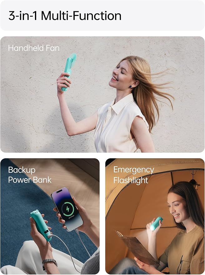 JISULIFE Handheld Travel Fan, Upgraded Mini Portable Fan with Up to 24 Working Hours for Long-term Outdoor Cooling, Combines Power Bank and Flashlight, Used for Summer, Cruise, Concert, Lash-Cyan