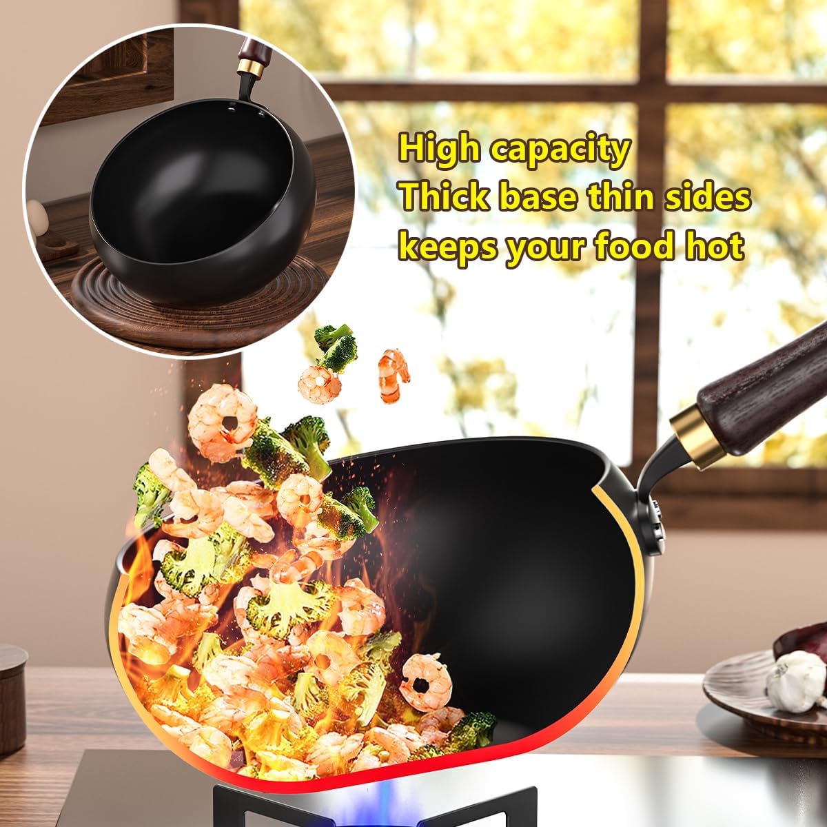 Pure Iron Wok, Uncoated Heats Evenly Multi-Purpose Frying Pan, Suitable for Any Stove, Oven or Even Camping Campfire with Lid and Wooden Handle