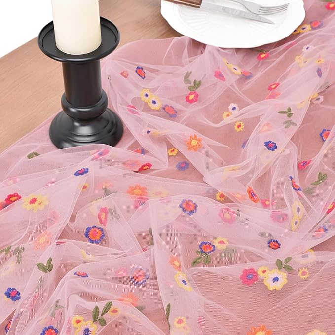 Joanlody Blushing Pink Embroidery Daisy Mother's Day Table Runner Florals Seasonal Easter Tulle Table Runner Holiday Kitchen Dining Table Decoration for Home Party Indoor