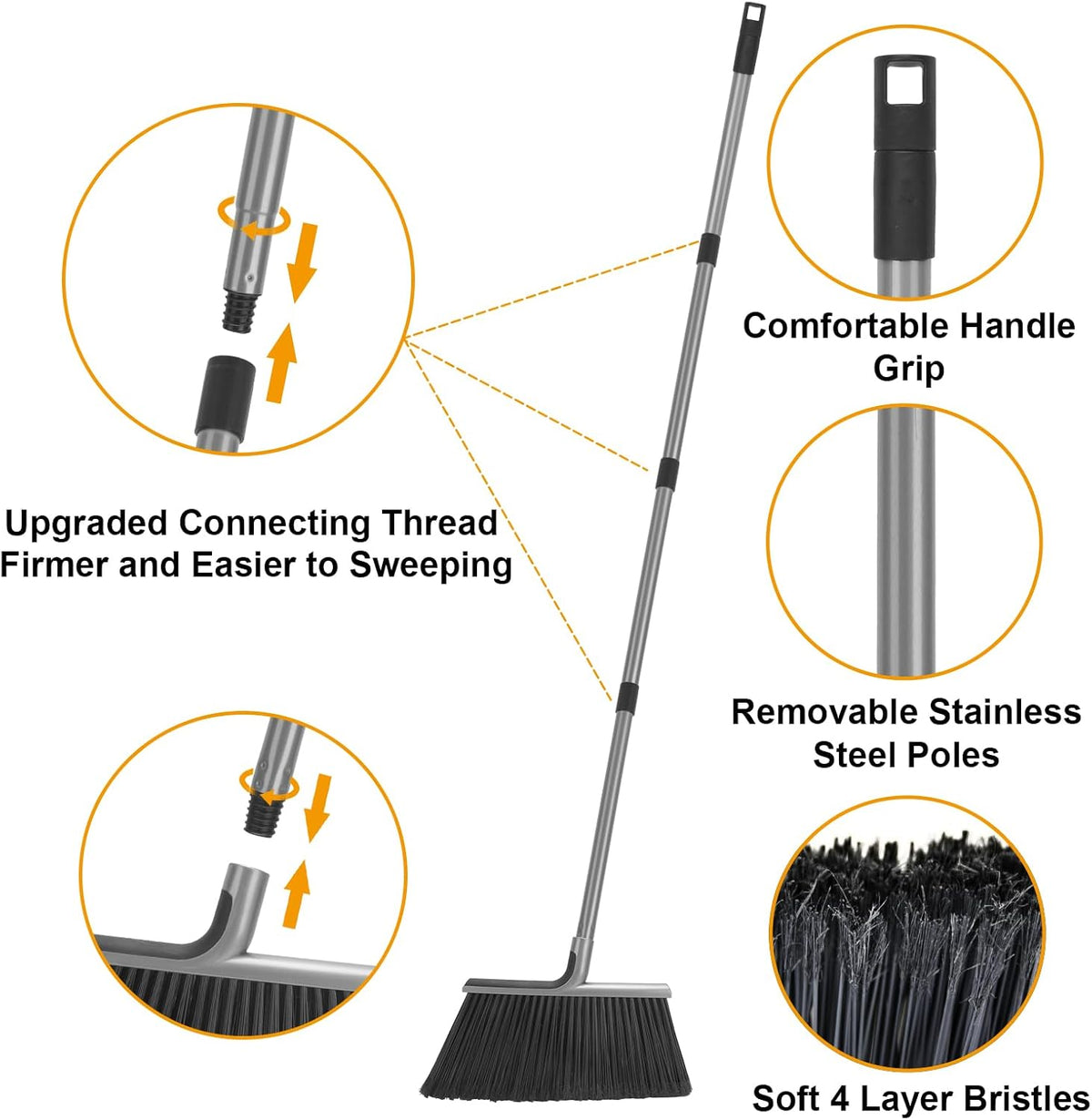 KeFanta 4 Packs Outdoor Broom Heavy Duty with 55" Long Handle, Commercial Brooms for Sweeping Indoor Courtyard Restaurant Garage Patio Decks Mall Market Kitchen Office Lobby Shop