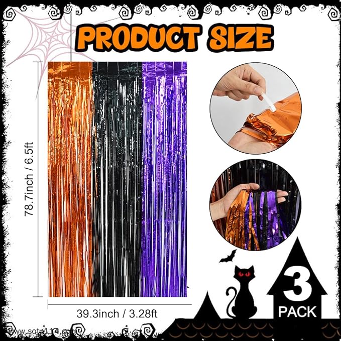 BEISHIDA 3 Pack Tinsel Curtain Party Streamers Backdrop Halloween, Door Streamers Fringe Foil Curtain Backdrop Curtain for Halloween Party Decoration, Orange Black Purple (3.28 ft x 6.56 ft)