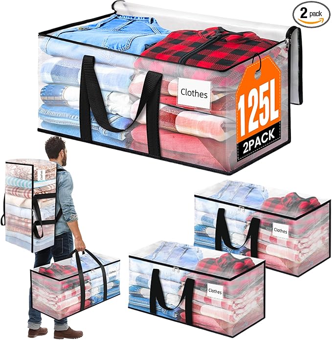 BlissTotes 2-Pack Large Moving Bags with Backpack Straps & Strong Zippers, Heavy-Duty Storage Bags Moving Boxes for Space Saving, Dorms, Transport, 125L-30 Gallons, Clear