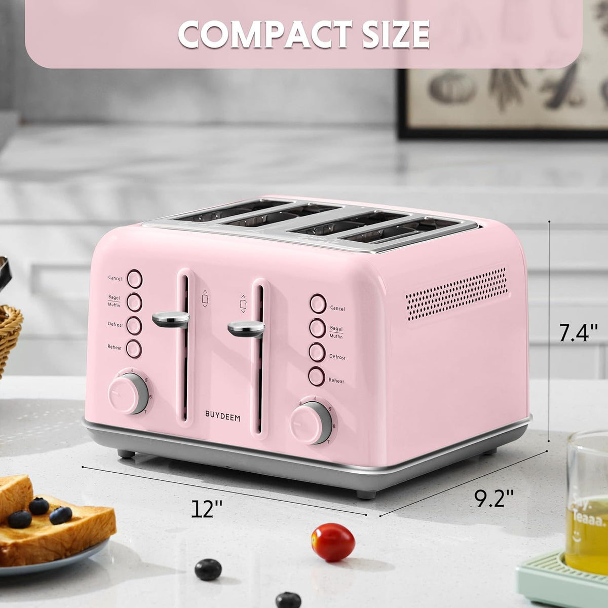 BUYDEEM DT640 4-Slice Toaster, Extra Wide Slots, Retro Stainless Steel with High Lift Lever, Bagel and Muffin Function, Removal Crumb Tray, 7-Shade Settings,Pink