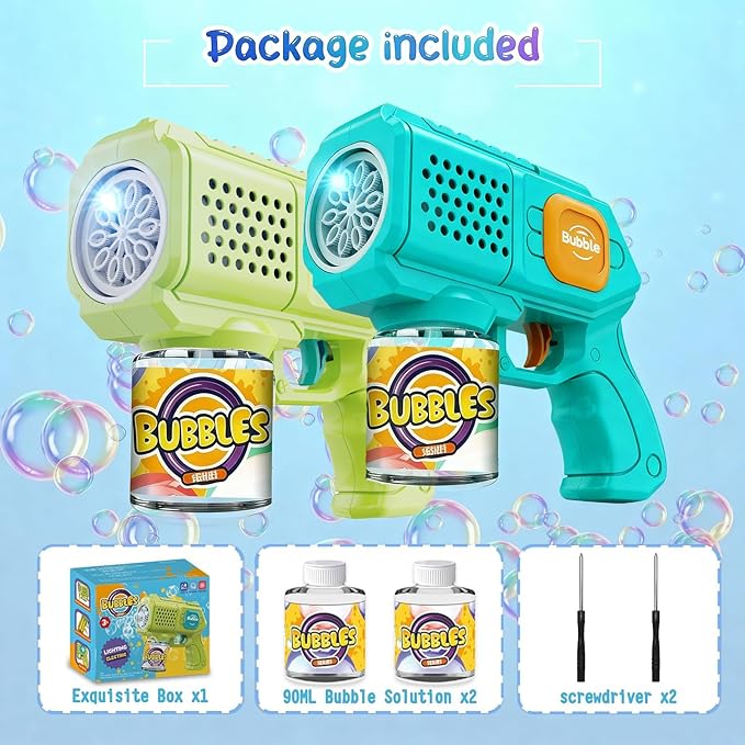 2 Packs Bubble Gun for Kids Automatic bubbele Maker with 10 Holes/Lighting/10000+Bubbles/Min Portable Bubble Machine with Bubble Solution Best Toy Gifts for Birthday/Party/Wedding