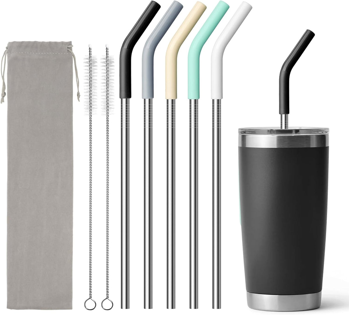 Metal Straws for 20 oz YETI, Stanley Cup, 5 Pcs Stainless Steel Straws with Silicone Tip for Simple Modern CIVAGO, ALBOR, BJPKPK 20 oz Tumbler, Cleaning Brush, 1 Portable Bag