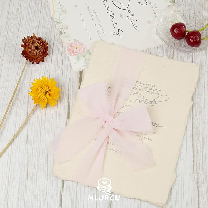 ICY Pink Chiffon Ribbon 1-1/2 Inch x 21 Yards Handmade Fringe Chiffon Silk Ribbon Frayed for Wedding Invitation, Bridal Flower Bouquets, Gift Wrapping