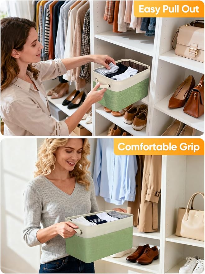 BALEINE 3 Pack Fabric Closet Storage Bins for Shelves, Linen Closet Organizers and Storage, Decorative Baskets for Organizing, Shelf, Clothes, Home, Office (Green, 12"x8"x8")