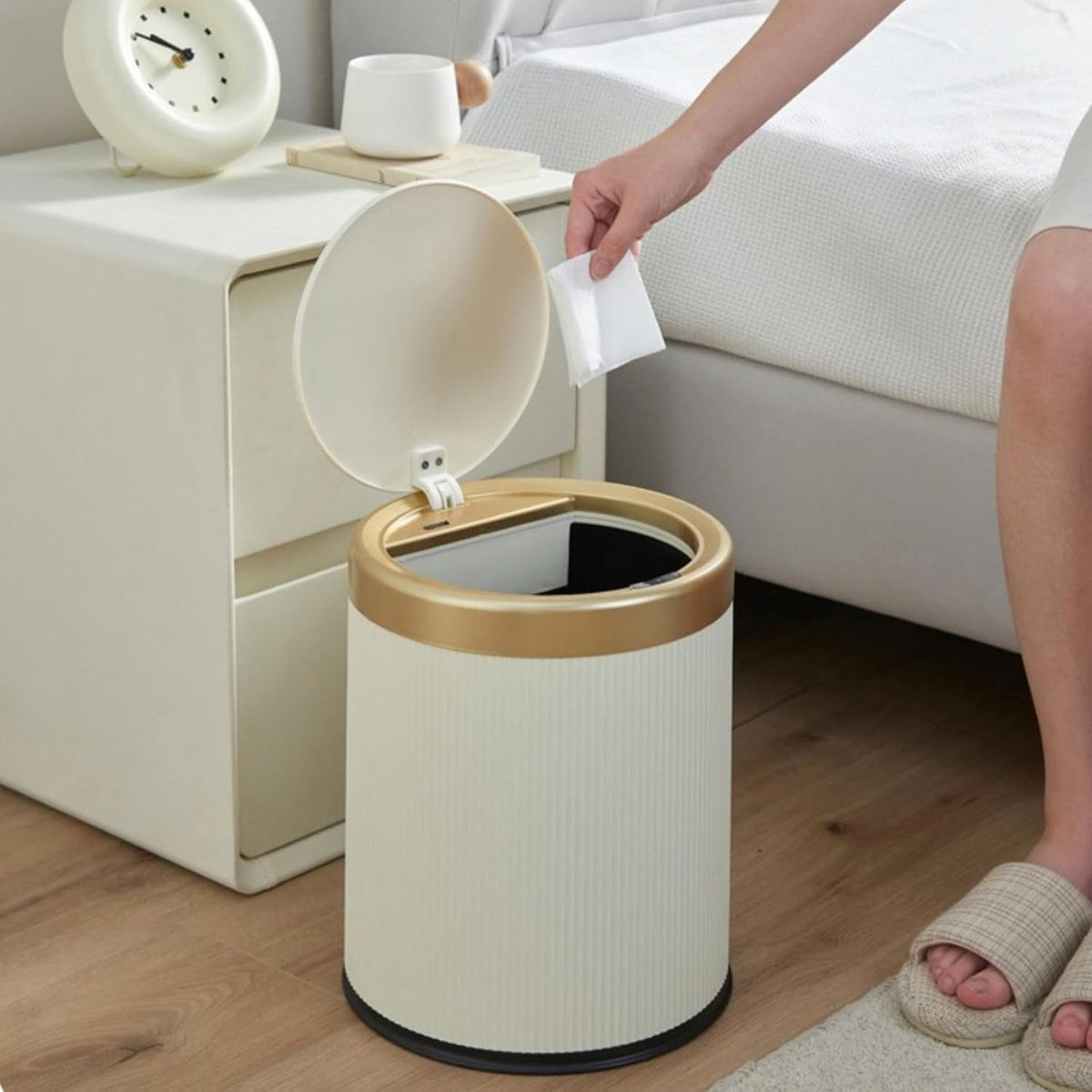 URALFA 3.7 Gallon Motion Sensor Bathroom Trash Can with Lid，Automatic Waterproof Touchless Garbage Can, Smart Plastic Trash Bins Suitable for Toilet, Office, Bedroom, Kitchen (Cream White)