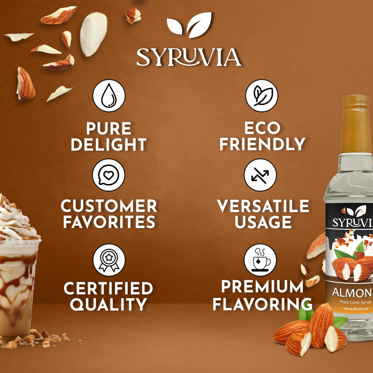 Syruvia Almond Coffee Syrup - 25.4 fl oz - Kosher Syrups, Gluten Free, No Coloring, Perfect for Drinks, Soda, Shakes, Desserts, and More.