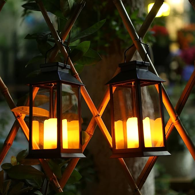 Tomshine 2 Pack Solar Lanterns, Outdoor Garden Hanging Lanterns, 11.8 Inch LED Flickering Flameless Candle Mission Lights for Yard, Table, Patio (Black)