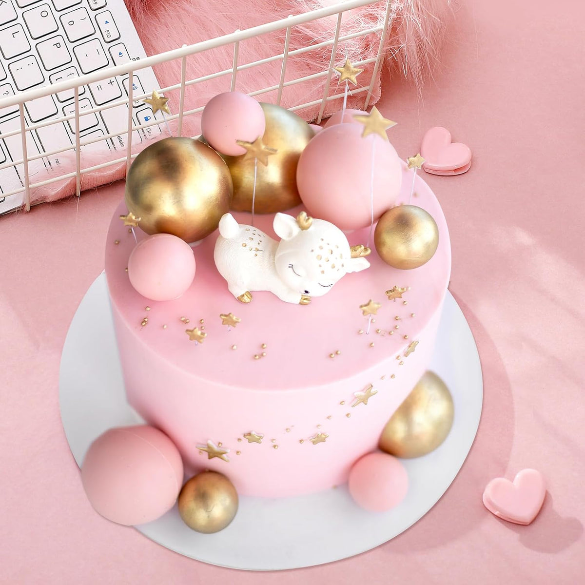 48 Pcs Cake Topper Decorations - Balloon Cupcake Toppers, Foam Balls for Birthday Party Wedding Cake Decorating (Rose Gold, Pink, White, Gold)
