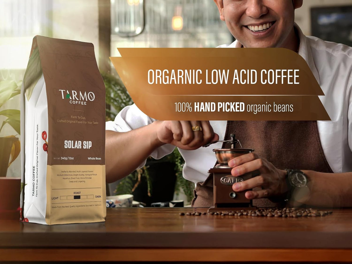 Tarmo - Solar SIP, Low Acid 100% Arabica Whole Bean Coffee, Specialty Vietnamese Coffee, Single Origin Dark Roast Coffee Beans, 12 Oz Bag
