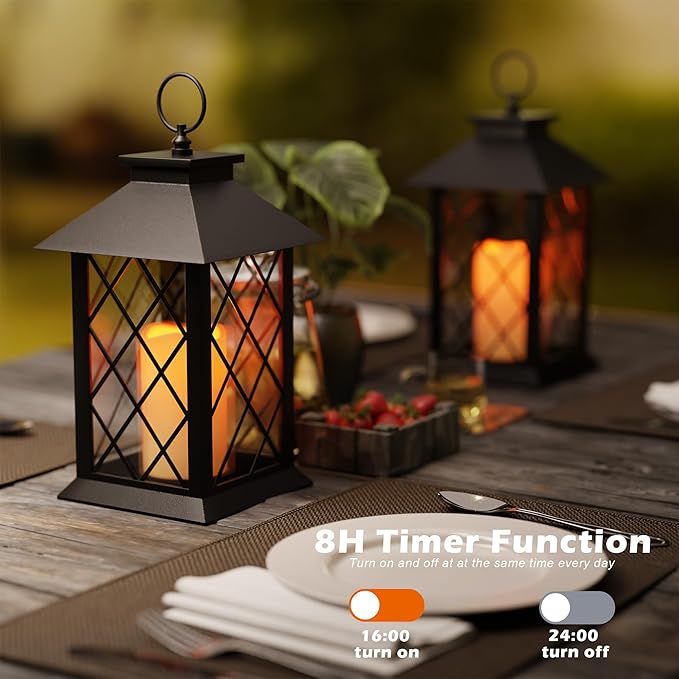 13.4" Lanterns Decorative Indoor, Black Lantern Decor with Timer Flickering Candle, Diamond-shaped Outdoor Lanterns, Waterproof Hanging Lantern for Patio, Porch, Entryway, Centerpieces, 1 Pack