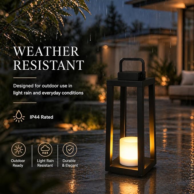 H16 Modern Outdoor Solar Lantern Black Metal Frame with Flickering LED Candle Waterproof and Portable for Patio Deck or Pathway Decorative Sconce with Warm LED