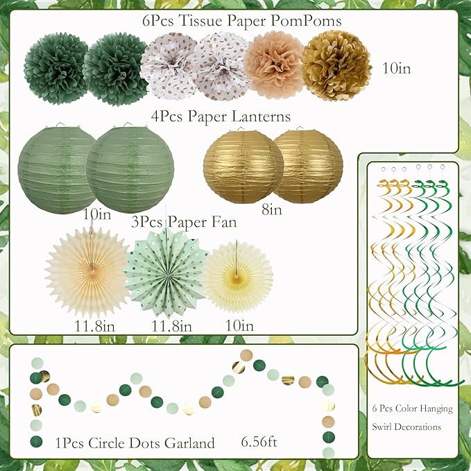 20PCS Sage Green Party Decoration,Green Paper Lanterns Fans,Pom Poms Flowers,Hanging Party Garland for Women Girls Boys Adults Birthday Party,Wedding,Baby Shower,Bridal Shower Party Decor