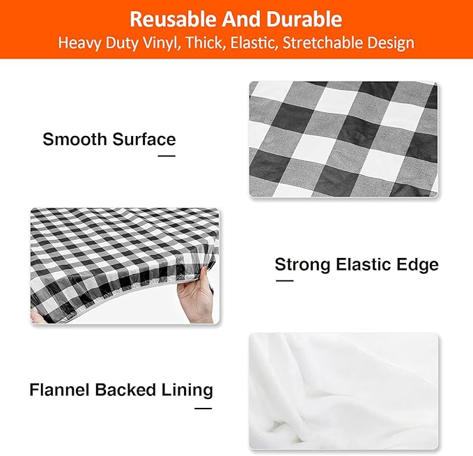 5ft Picnic Table and Bench Cover, Camping Essentials RV Gear, 60 in Waterproof Windproof Outdoor Elastic All Around Tablecloth, Fitted Rectangle Tables and Seats, Black-White Checkered