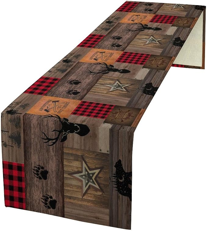 Vintage Bear Deer Table Runner, Rustic Western Farmhouse Hunting Theme Wildlife Animal Checkered Table Runner for Outdoor Dining Kitchen Camping Party 13x60in