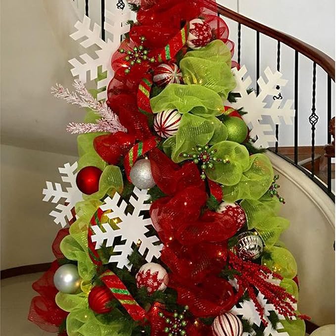 5 Rolls Christmas Mesh Ribbon for Wreath, 10 Inch x 30FT Per Roll Metallic Foil Deco Mesh Rolls Red White Green Stripe Decorative Mesh for Christmas Tree Winter Holiday Wreath Party Decor