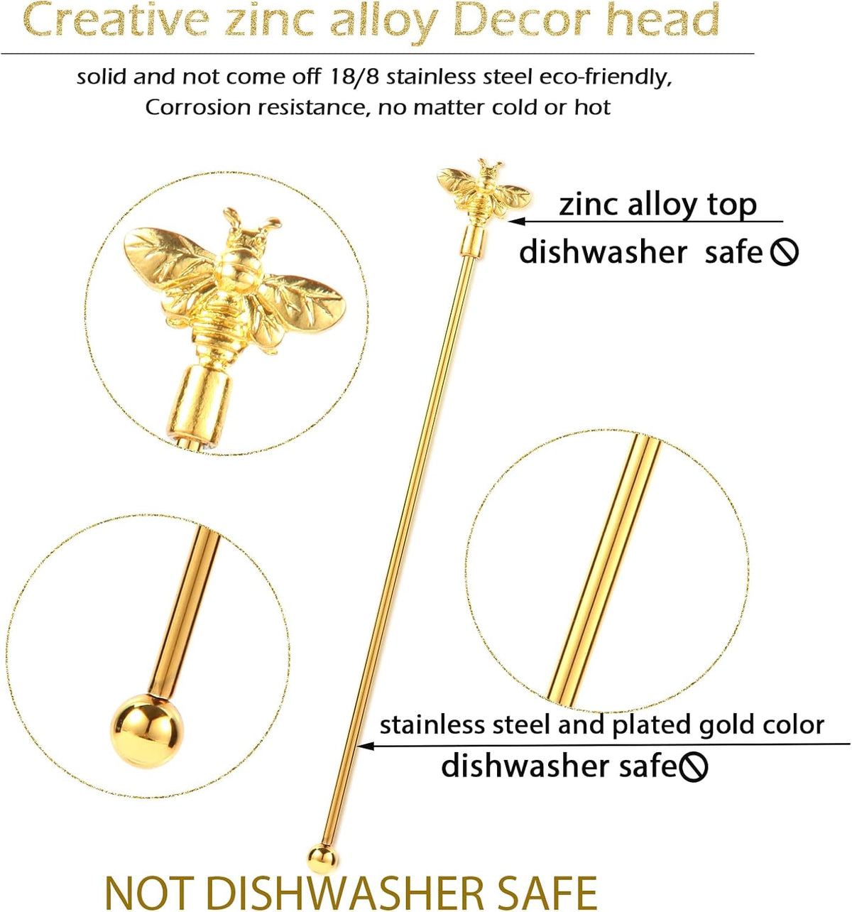 4Pcs Bumble Bee Cocktail Stirrers Swizzle Sticks Stainless Steel 7.5" Coffee Beverage Stir Sticks with Gold Decor Top for Mixing Cocktail, Hot Cocoa