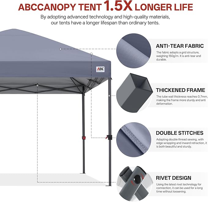 ABCCANOPY 10x10 Pop Up Canopy Tent, Easy Setup Instant Shelter with Wheeled Bag, Heavy Duty Outdoor Canopy for Beach, Market, Backyard, UV Protection, Outdoor Weather Protection (Light Gray, 10x10)