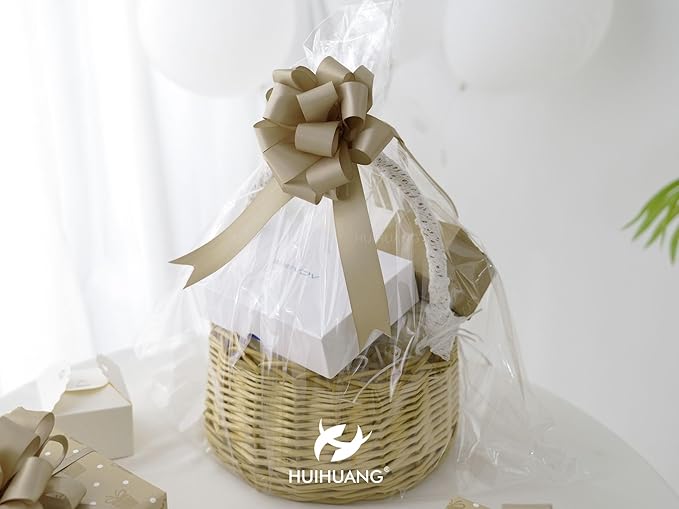 HUIHUANG Christmas Bows for Gift Wrapping 12 PCS Champagne Pull Bows 4" x 8" Satin Gift Bow for Presents, Gift Basket, Paper Bag, Wrapping Accessories, Wreaths, Wedding Christmas Decor