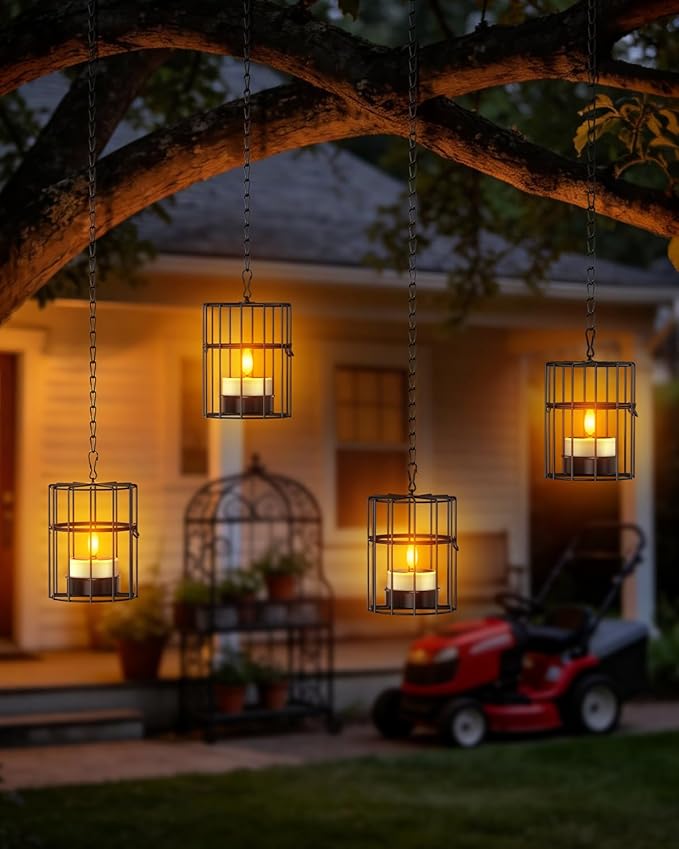 Yme Solar Hanging Lanterns Outdoor Waterproof, 2 Large 2 Small Hanging Candle Holders - 4PCS Flickering Flameless LED Solar Tea Lights, Outdoor Decor for Patio Garden Backyard Tree Fence Pergola