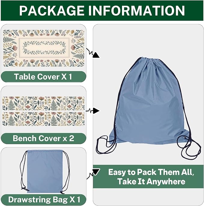 Picnic Table Cover with Bench Covers Elastic Edges, Floral Vintage Camper Fitted Table Cover, Outdoor Camping Essentials 72 Inch 3PCS, Waterproof Camping Fitted Tablecloth with Drawstring Bag