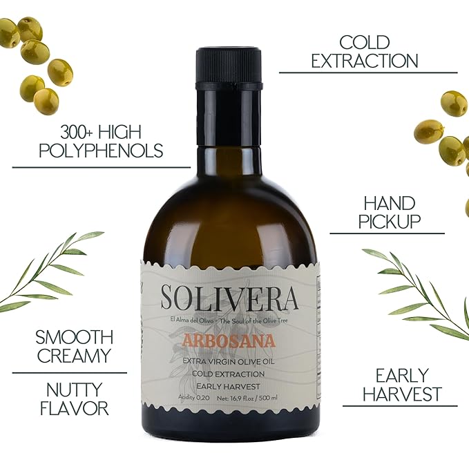 Solivera Arbosana Extra Virgin Olive Oil Cold Pressed 300+ High Polyphenols, Smooth Creamy & Nutty Flavor, Single-Origin Organic Olive Oil