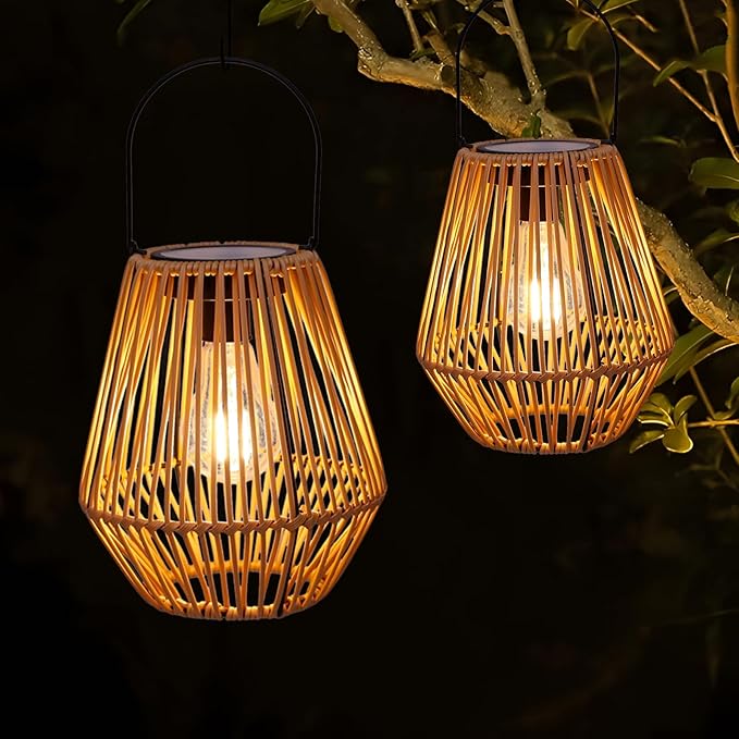 Solar Lantern,2 Pack Solar Wicker Lanterns Outdoor Waterproof Boho Lights for Outside Hanging Rattan Lights Outdoor Patio Lanterns Decoration for Garden,Yard,Porch,Trees,Lawn,Pathway