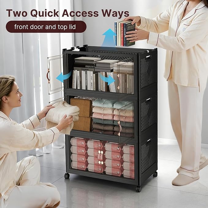 UAMFURI Stackable Storage Bins with Lids, 900QT Closet Organizers, Lockable Storage Cabinet，Foldable Storage Box with Doors and Wheels, Plastic Drawers for Home, Garage, Office (5, Black, Extra Large)