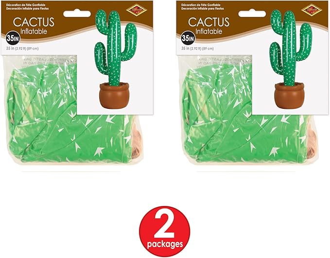 Beistle Pack of 2 Inflatable Cactus Decorations in Green/White/Brown, Wild West Party Decorations, Mexican Cinco de Mayo Party Accessories, 35"